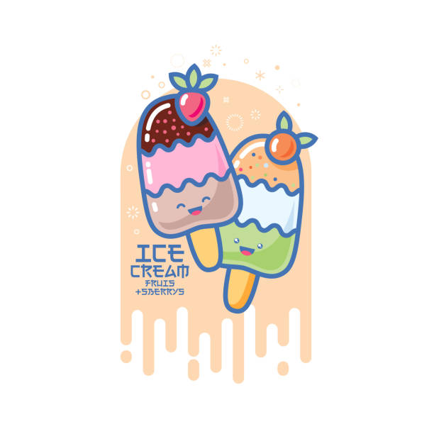 Kawaii ice cream illustration. Smiley emojis. Colorful ice creams on a sticks. Japanese style picture. Illustration for ice cream, label or packaging, cafe, cafeteria, ice cream store. Smiley emojis. melting girl stock illustrations