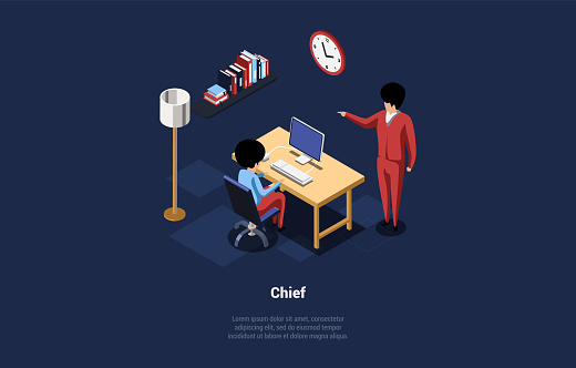 Concept Of Working Process In Office And Human Resources. Employee Meeting In HR Manager Or Boss Office. Employment Candidate Has Job Position Evaluation Interview. Isometric 3d Vector Illustration.