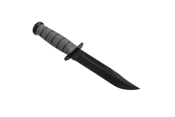 istock Modern hunting knife with black blade and rubber handle. Steel arms. Isolate on a white background. 1408440413