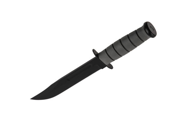 istock Modern hunting knife with black blade and rubber handle. Steel arms. Isolate on a white background. 1408440417