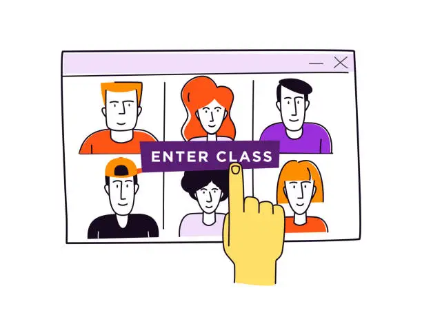 Vector illustration of Virtual class. Online Learning School Education Program. Self-study video lesson.