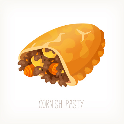 Classic traditional dish of British street food. Cornish pasty. Cornwall baked pie with grinded meat and vegetables. Vector image good for menu, bodega posters, shop labels or packaging designs.