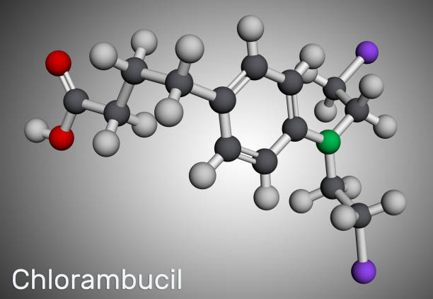 istock Chlorambucil molecule. It is chemotherapy agent used in the treatment of lymphocytic leukemia, malignant lymphomas. Molecular model. 3D rendering 1408444164