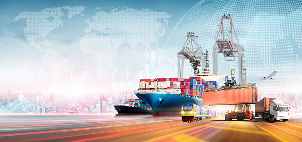 Global business logistics import export of containers cargo freight ship loading at industrial port and truck on world map network distribution background, Logistics transportation worldwide concept