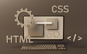 Programming web pages with html and css code on a desktop computer