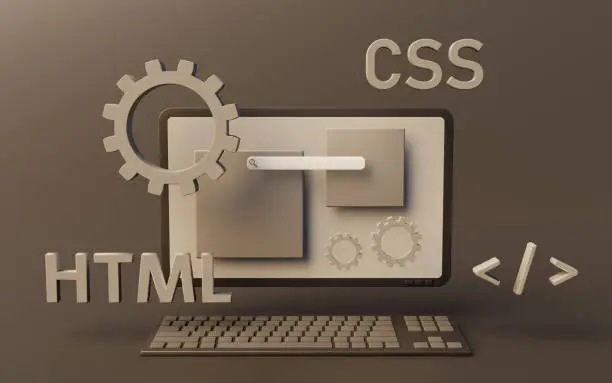 Programming web pages with html and css code on a desktop computer. 3D rendering.