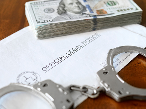 Legal notice, handcuffs and a pile of 100 dollar bills on wooden table