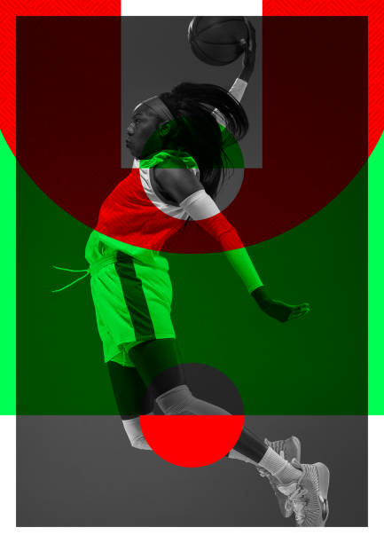 istock Female basketball player during slam dunk on abstract colored background. Modern design. Contemporary colorful and conceptual bright art collage, art collage. 1408446738
