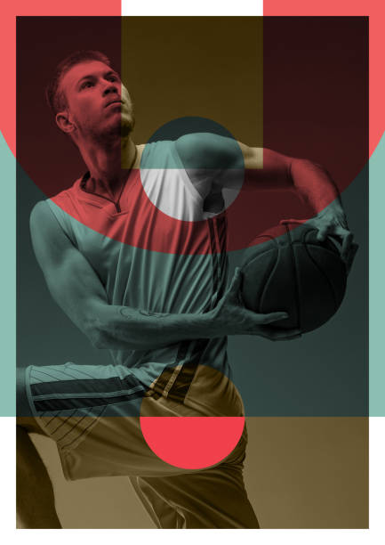 istock Young basketball player during slam dunk on abstract colored background. Modern design. Contemporary colorful and conceptual bright art collage, art collage. 1408446747