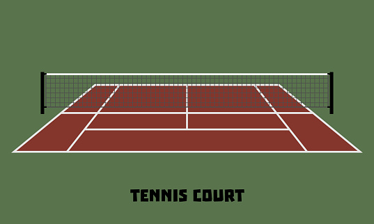 Dark red tennis court on green with net background. Flat vector illustration.