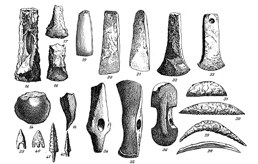 Antique engraving illustration, Civilization: Stone age tools