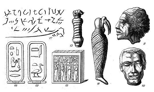 Antique engraving illustration, Civilization: Egyptian animal and human mummies