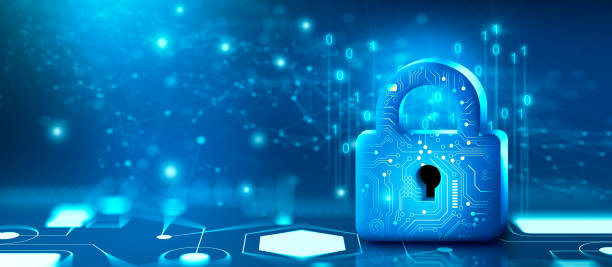 istock Padlock with Keyhole in data security on circuit. Modern safety digital Concept 1408450363
