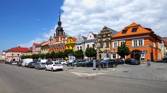 Chrudim, Czech Republic, June 22, 2022: View of the Ressel Square in the centre of this Bohemian town on a summer day. The historic district of Chrudim is protected by law as an urban monument zone.