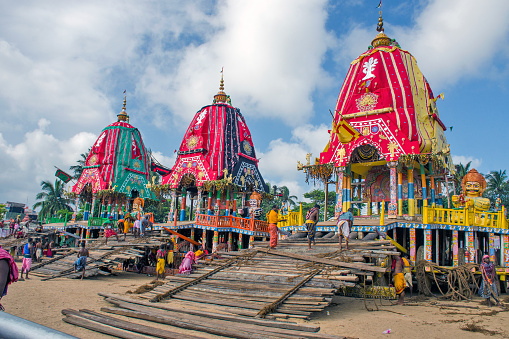 8th july 2022 puri odisha india:Three chariots of Lord Jagannath, Balabhadra and Goddess Subhadra are standing in front of the Gundicha temple in Puri.