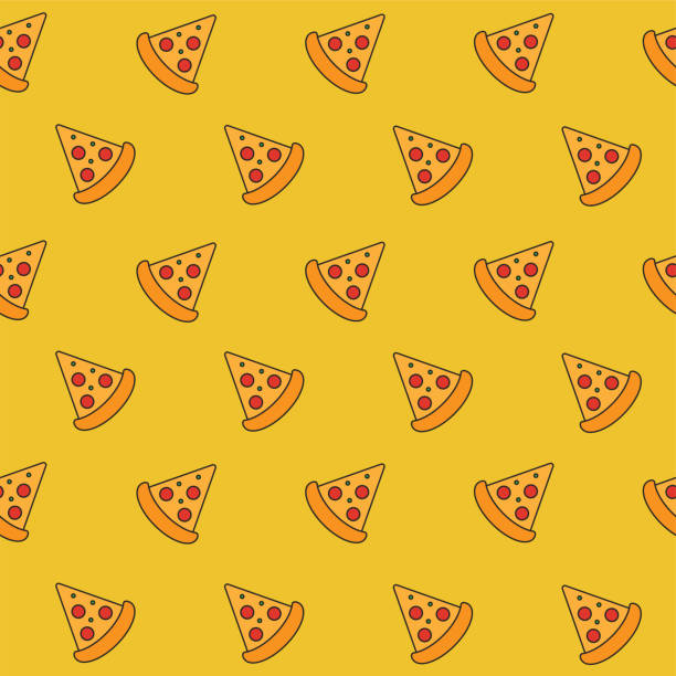 nahtloses muster mit pizzascheibensymbolen auf gelbem hintergrund. fastfood - salami sausage portion decoration stock-grafiken, -clipart, -cartoons und -symbole