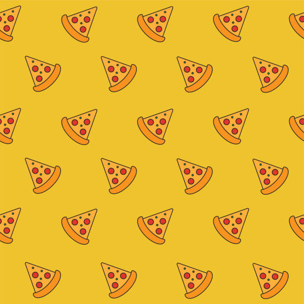 ilustrações, clipart, desenhos animados e ícones de padrão sem emendas com ícones de fatia de pizza no fundo amarelo. fast food - cheese backgrounds pattern portion