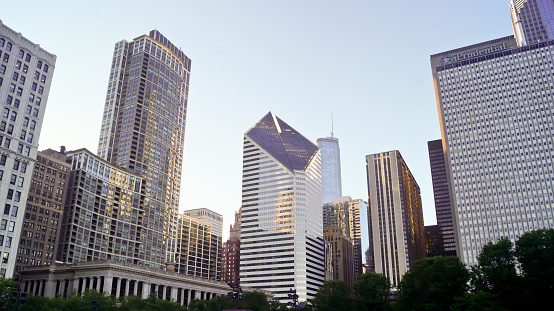 Chicago skyline of downtown buildings on a summer day with blue sky