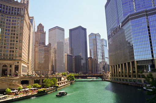 In the USA, Chicago, Illinois features the Chicago River, glass and steel buildings, with skyscrapers in the background, and downtown riverside, representing concepts of business, modern transportation, the financial district, the construction industry, business enterprise organization, and communication technology - The Chicago Loop