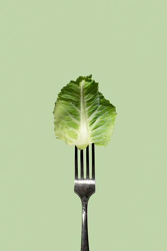 Lettuce leaf on a fork on green background