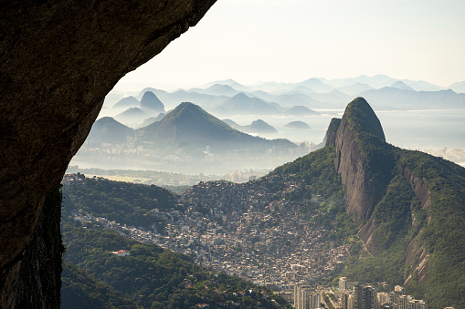 Beautiful view to green rocky mountains, city and rainforest in Rio de Janeiro, State of Rio de Janeiro, Brazil