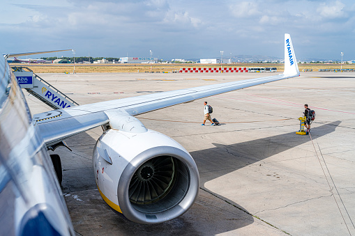 Valencia, Spain - July 6, 2022. Ryanair Boeing 737-800 engine and wingdetail at Valencia International Airport