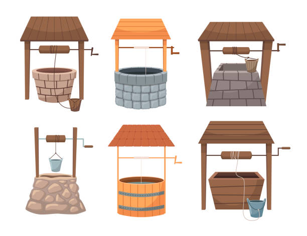 Wooden and stone wells flat vector illustrations set Wooden and stone wells flat vector illustrations set. Cartoon drawings of old wells with or without roofs and buckets for water isolated on white background. Countryside, agriculture concept old water well drawing stock illustrations
