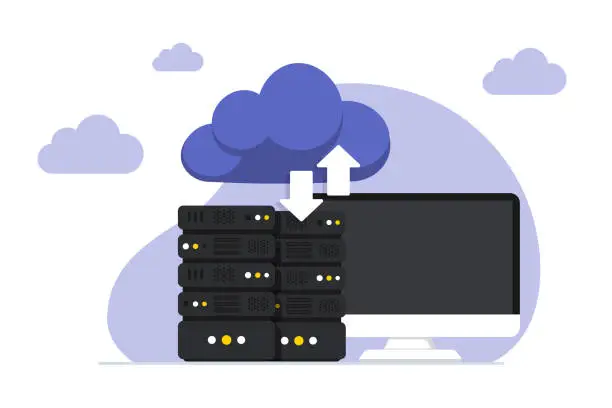 Vector illustration of Online Cloud computing. Data Center. Web hosting service. Database for documents and file. Cloud storage. Upload and download data, file management. Data transfering, backup. Vector illustration