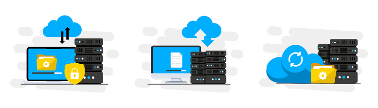 Online Cloud computing. Data Center. Web hosting service. Database for documents and file. Cloud storage. Upload and download data, file management. Data transfering, backup. Vector illustration