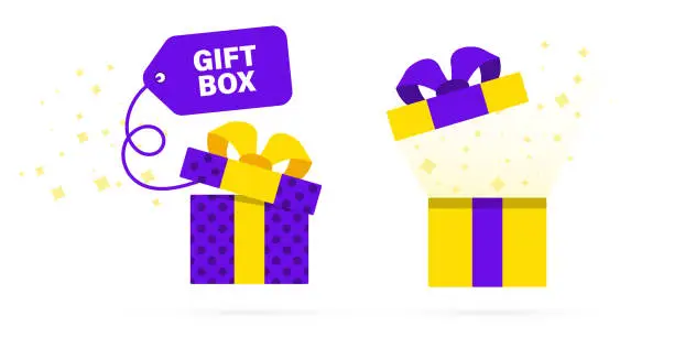 Vector illustration of Opened gift boxes with confetti. Surprise boxe with tag. Template design for surprise, celebration event, presents, birthday, discount. Vector illustration