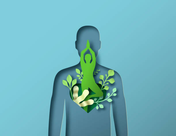 бумажная вырезка зеленого тела человека с позой йоги на дереве - health spa illustrations stock illustrations