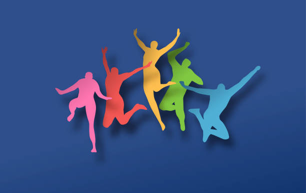 ilustraciones, imágenes clip art, dibujos animados e iconos de stock de coloridas personas cortadas de papel en pose de salto - healthy lifestyle jumping people happiness