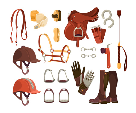 Equestrian sport accessories cartoon illustration set. Equipment for horse riding, helmet, brushes, tack, gloves, girth, uniform and saddle. Competition, race concept