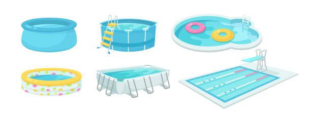 swimming pools cartoon illustration collection - yüzme havuzu stock illustrations