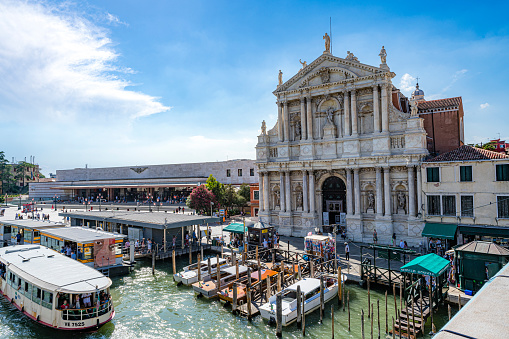 Venice, Italy. July 5-2022. View of Grand Canal, Santa Maria di Nazareth Church and raiway station in Venice-Italy