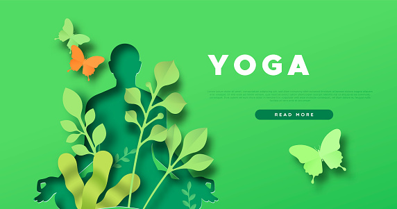 Yoga exercise web template of woman silhouette doing sitting lotus pose. Healthy fit body concept with green nature leaf decoration. Asana meditation for wellness.