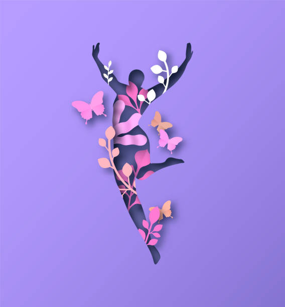 Jumping Woman silhouette with papercut nature Cheerful woman jumping silhouette in 3D papercut craft style. Girl dancing with nature decoration and paper cut butterfly for health or eco friendly product concept. sporting level stock illustrations
