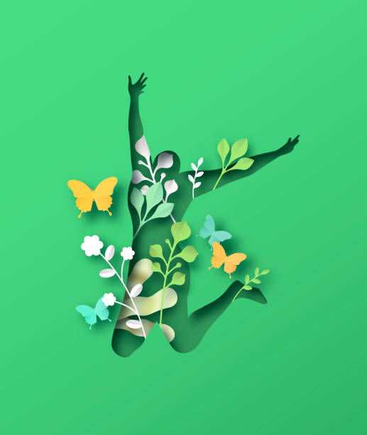 illustrazioni stock, clip art, cartoni animati e icone di tendenza di donna felice che salta con la natura papercut - healthy lifestyle jumping people happiness