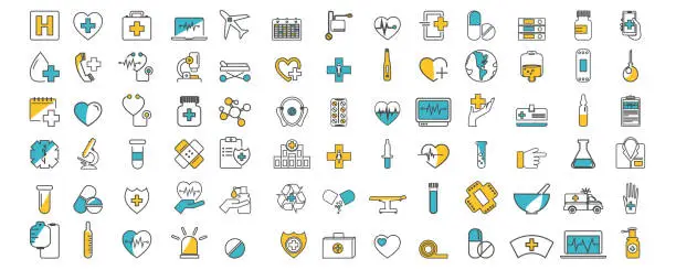 Vector illustration of The concept of medicine and health. Icon set in flat style isolated on white background.