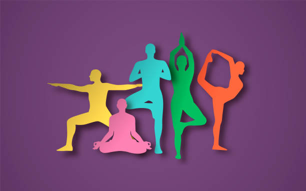 ilustraciones, imágenes clip art, dibujos animados e iconos de stock de colorido papelcut yoga pose personas juego de meditación - entrenador personal