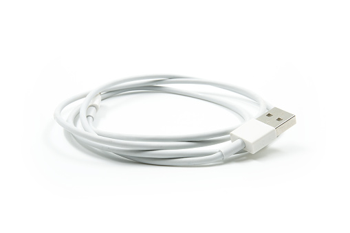 White USB cable for smartphone isolated on white background