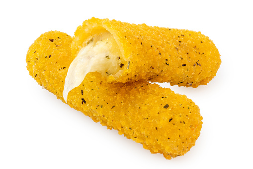 Two fried breaded mozzarella sticks isolated on white. One whole and one partially eaten.