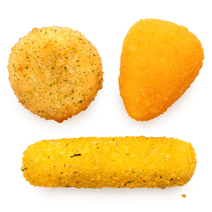 Fried breaded brie nugget, camembert nugget and mozzarella stick isolated on white. Top view.