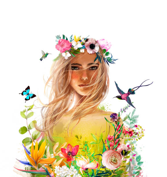 portrait of beautiful cartoon woman portrait of beautiful cartoon young woman springtime woman stock illustrations