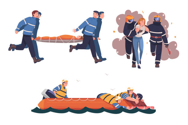 ilustrações de stock, clip art, desenhos animados e ícones de rescue and life saving with people character helping in emergency and dangerous situation vector set - lifeguard association