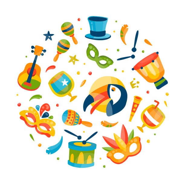 ilustrações de stock, clip art, desenhos animados e ícones de brazilian rio carnival circle arrangement with drum and masquerade mask vector template - carnival
