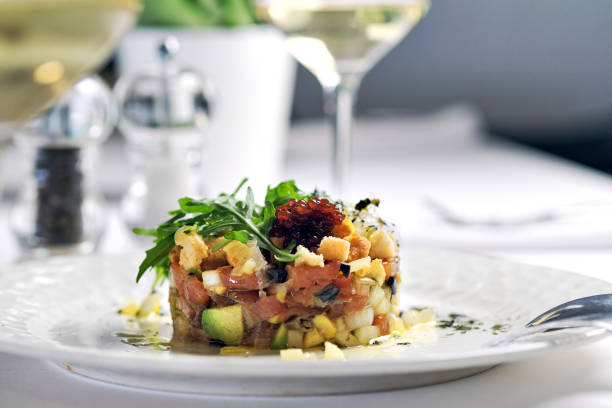 istock Close up salmon tar-tar dish in restaurant 1408477554