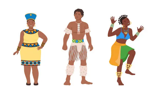 Vector illustration of Barefoot African Aboriginal Man and Woman Character Dressed in Traditional Tribal Clothing Vector Illustration Set