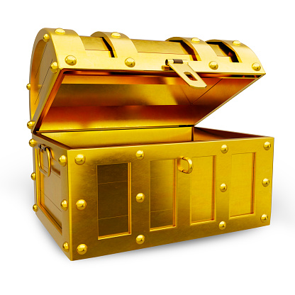 A silver chest full of golden coins on top of a black table
