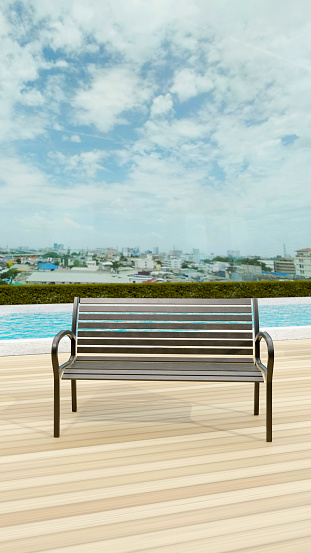 background of outdoor lounging terrace and sofa bench with beautiful swimming pool rooftop , 3D illustration rendering
